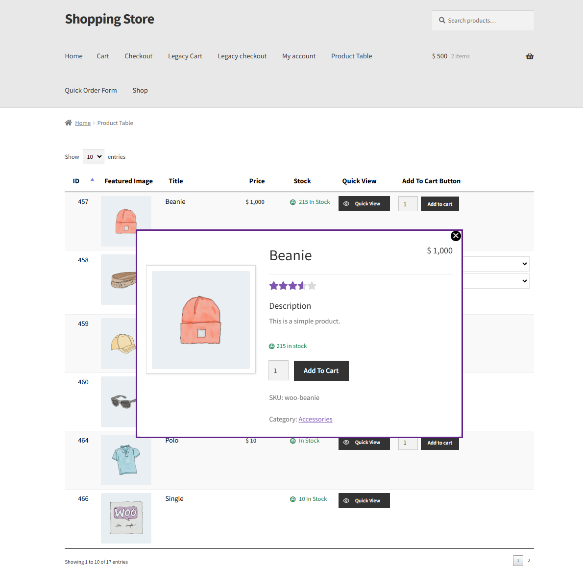 Quick View Button in Product Table Feature