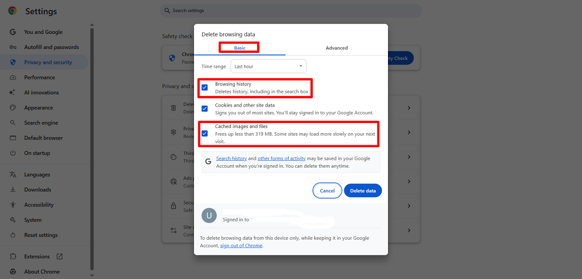 Delete Browsing Data to Overcome the ERR Empty Response Error