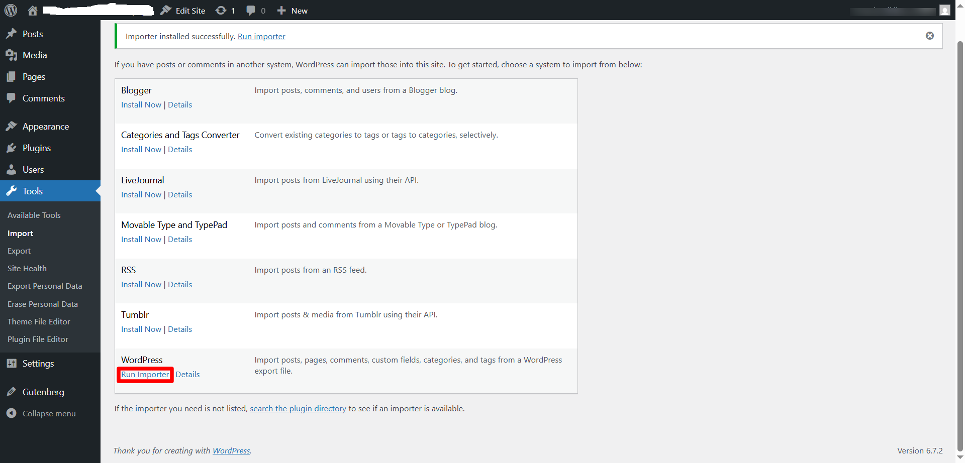 Click the Run Importer Option