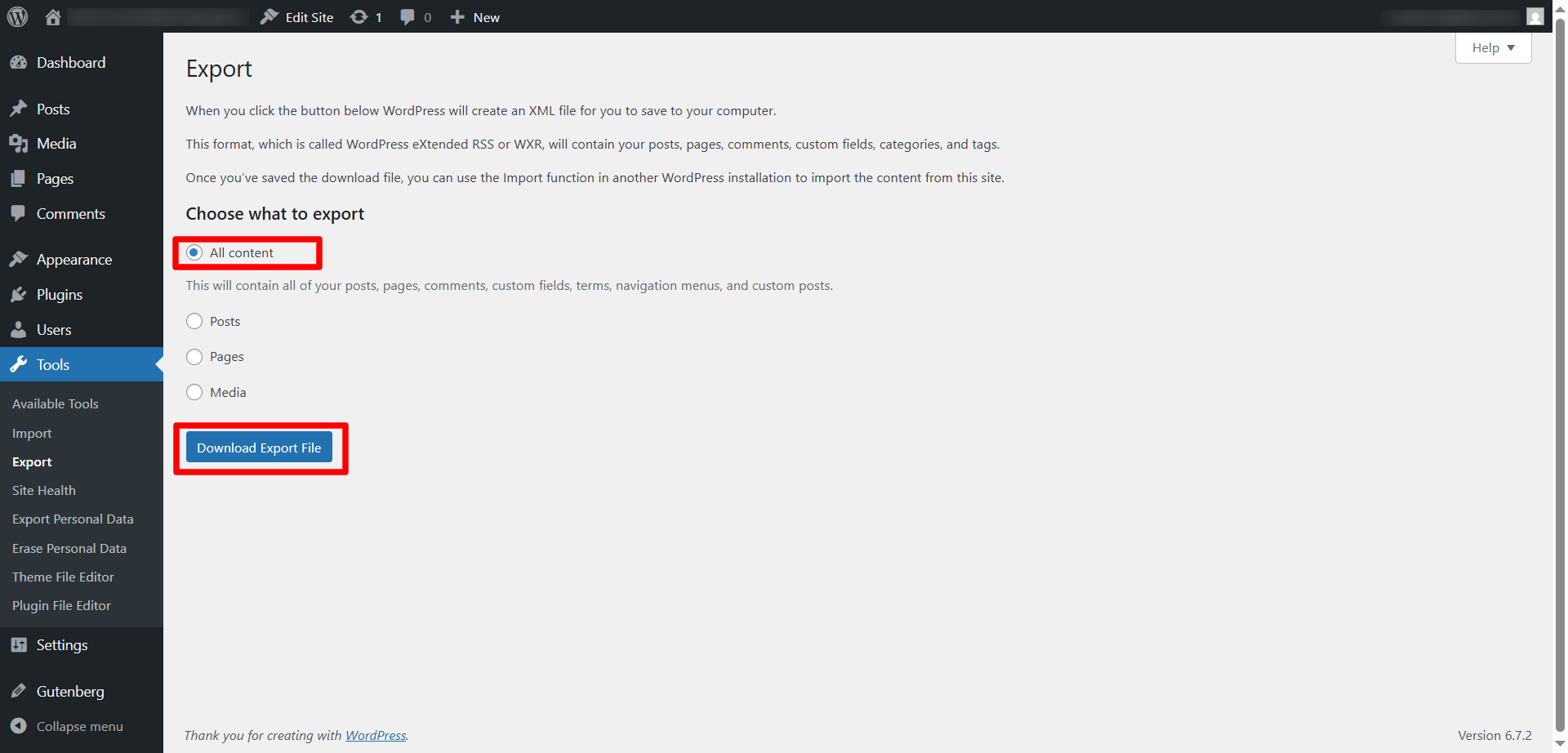 Select Content When Exporting WordPress Site