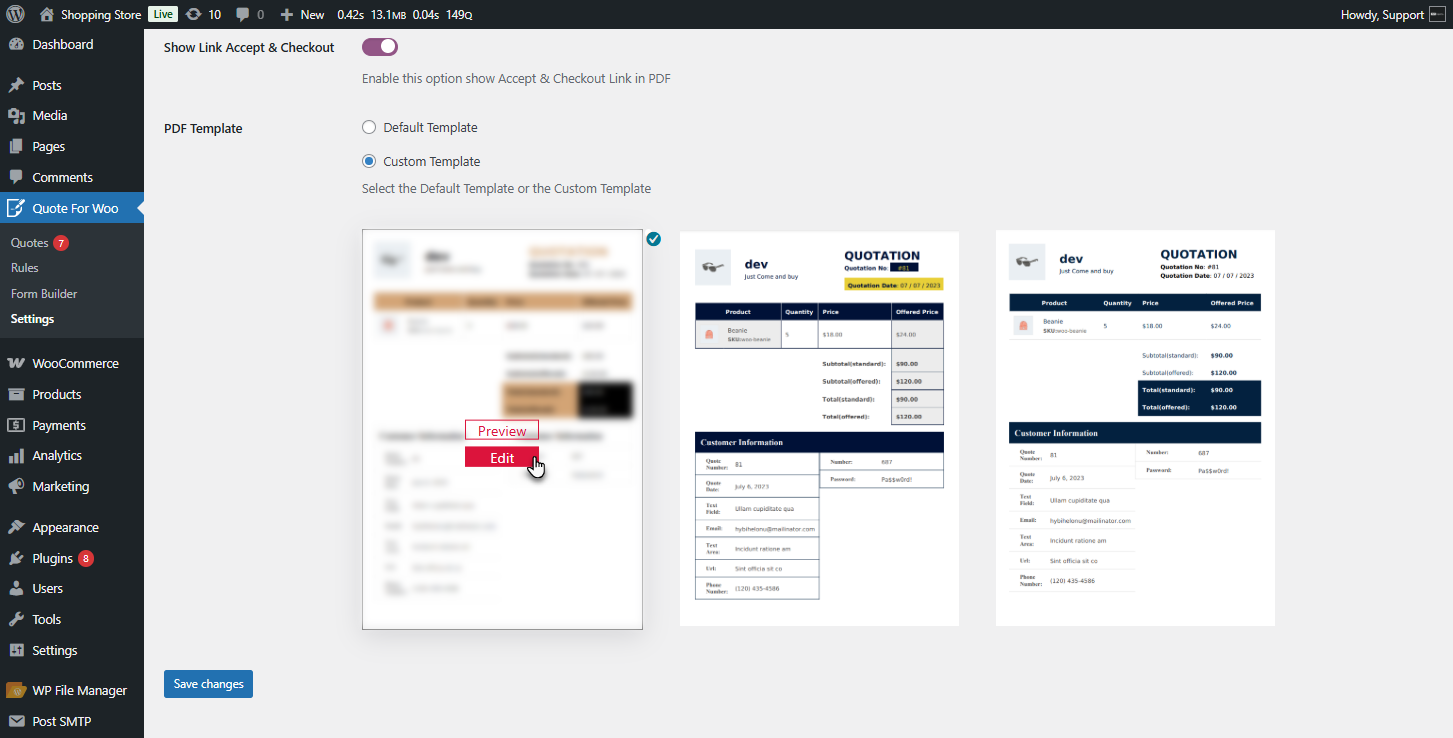 PDF Template Edit Options