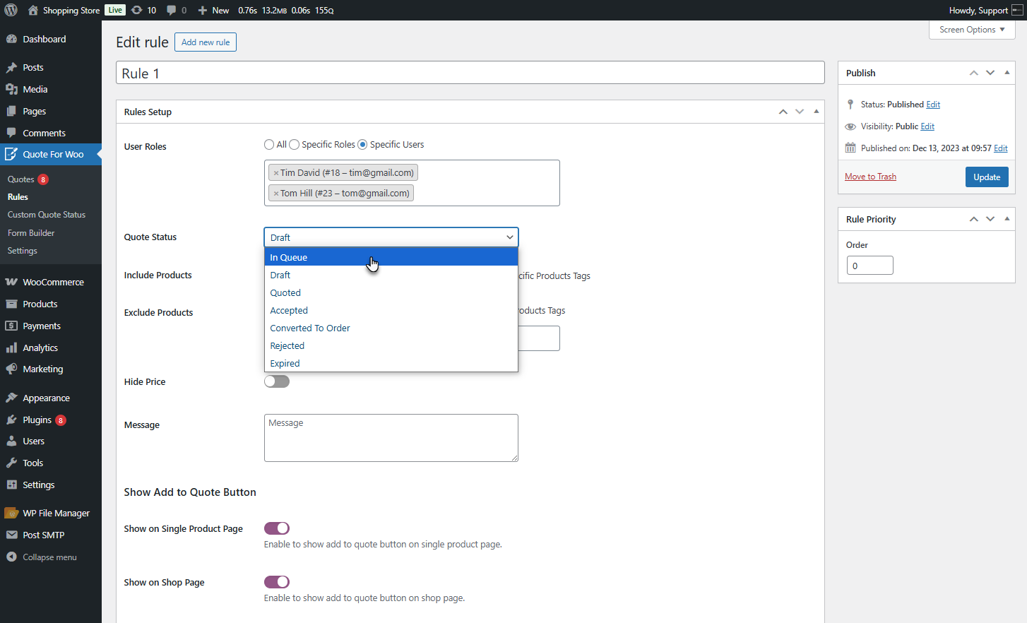User-Based Quote Status