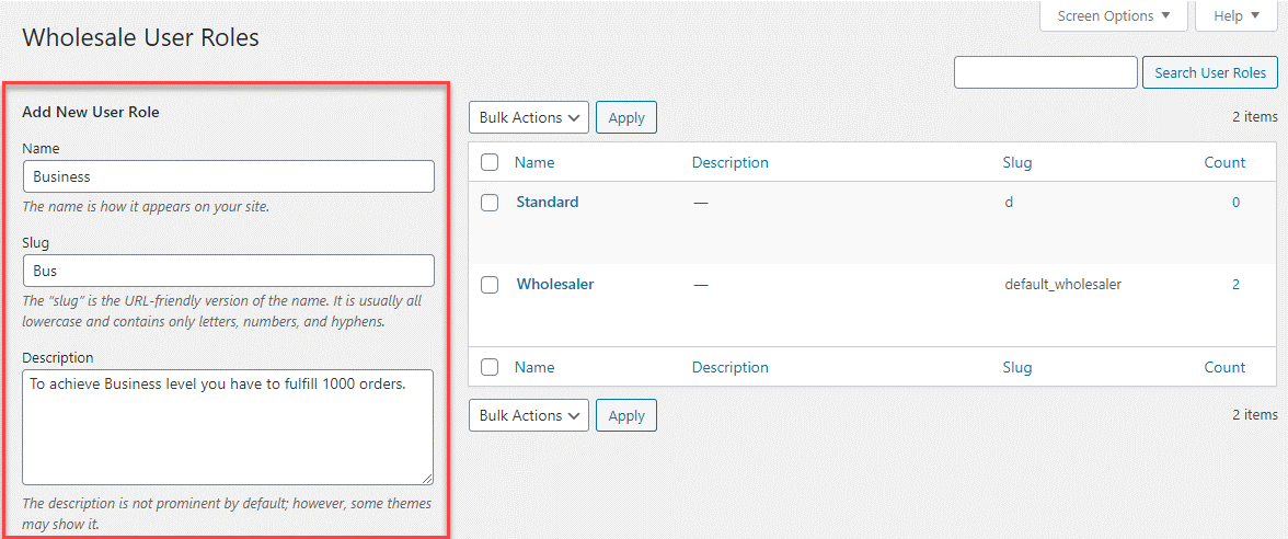 Wholesale User Roles Settings