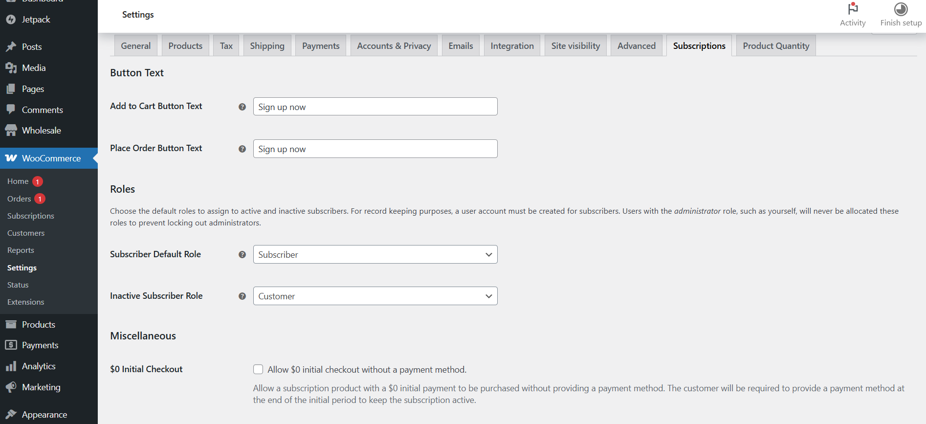 WooCommerce Settings Subscriptions