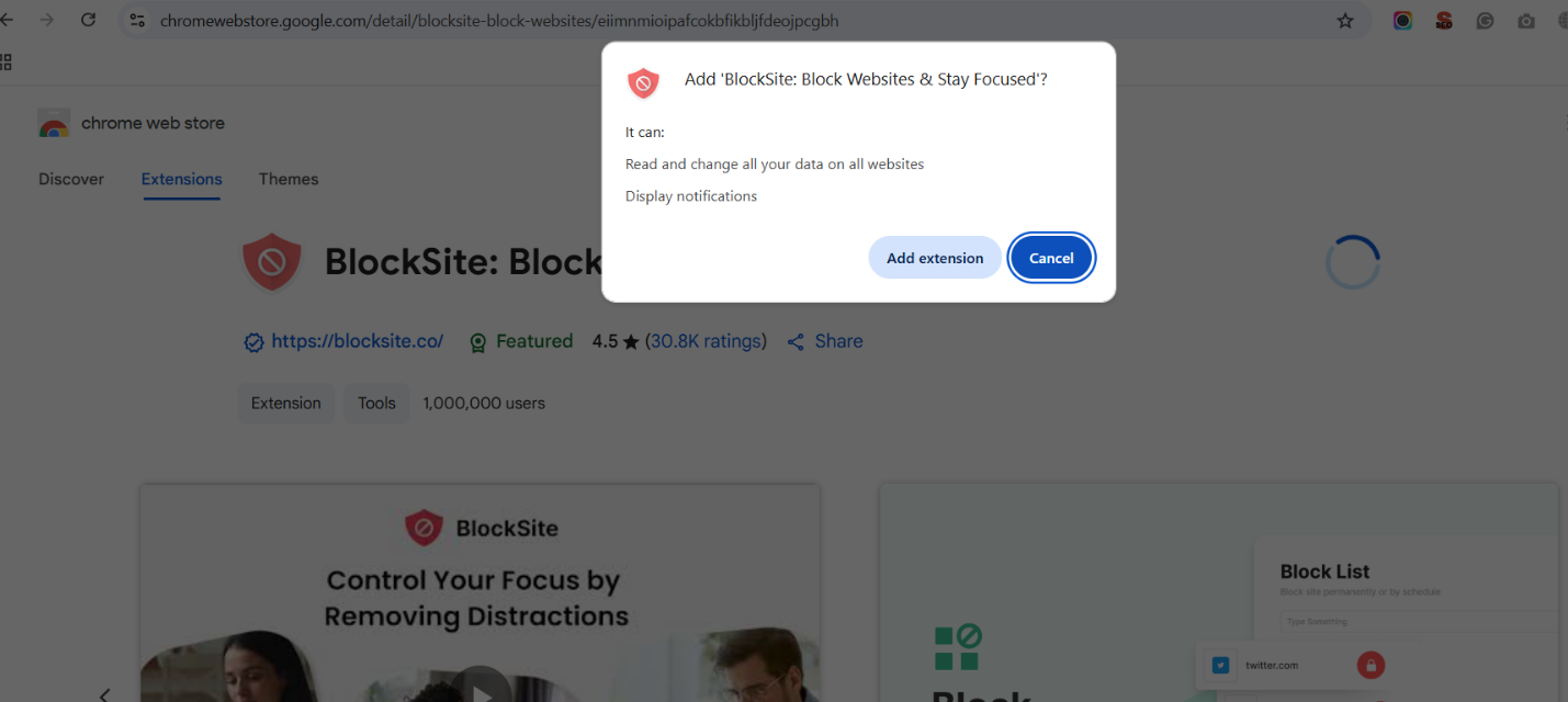 BlockSite Extension Asking Permission Popup Message