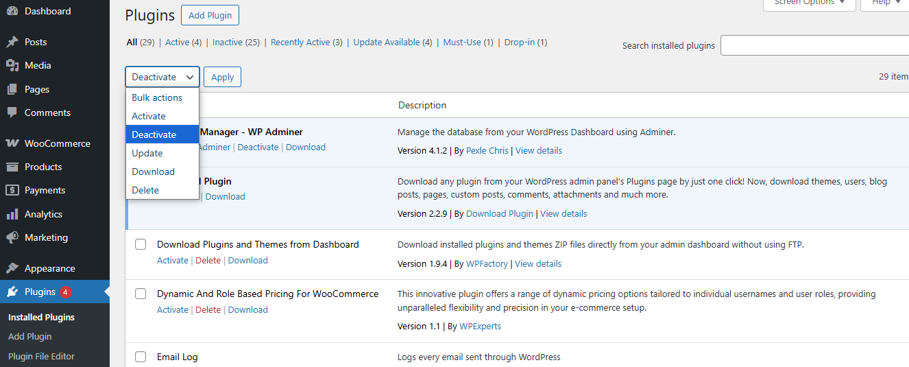 Deactivate WordPress Plugins