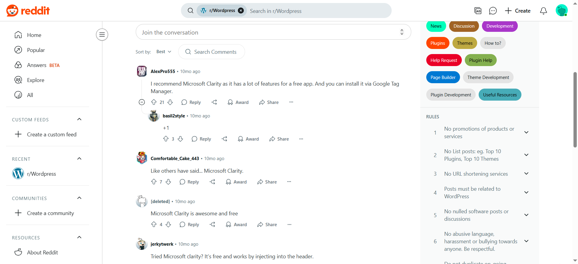 Users Have Recommended Microsoft Clarity on Reddit