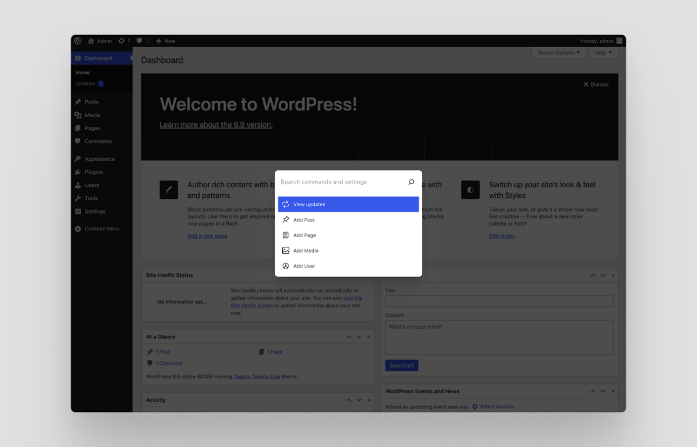 Command Palette Feature in WordPress 6.9