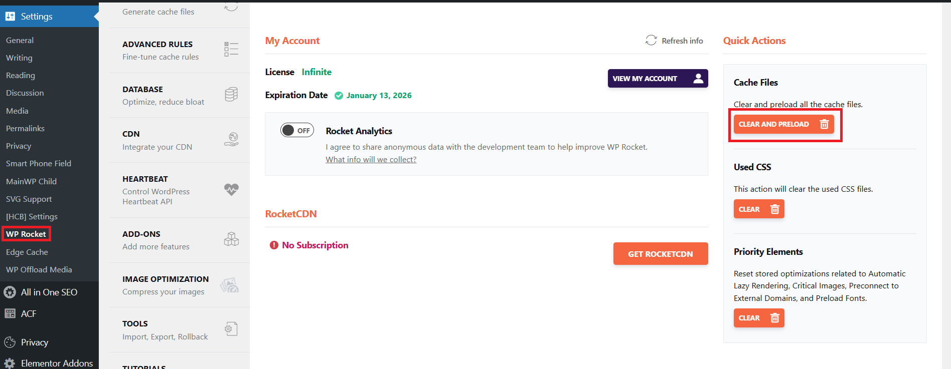 WP Rocket Cache Clearing Option