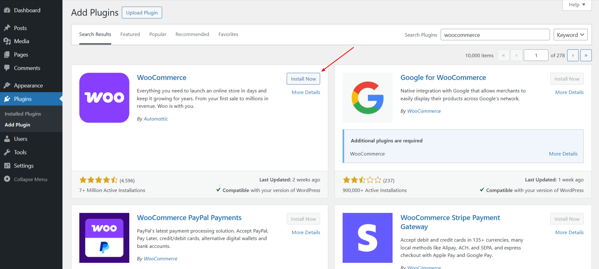 Click Install Now to the right of the WooCommerce plugin by Automattic