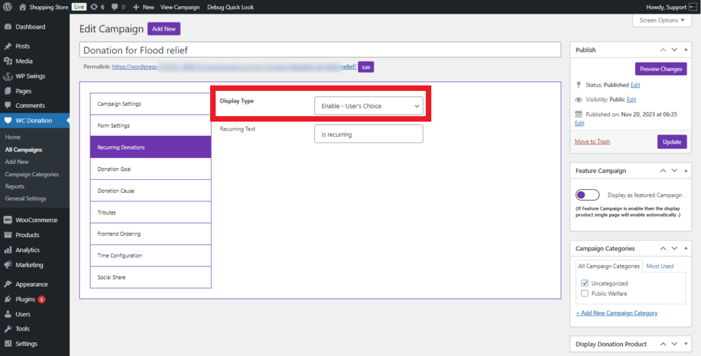 Display Type Enable User's Choice Option