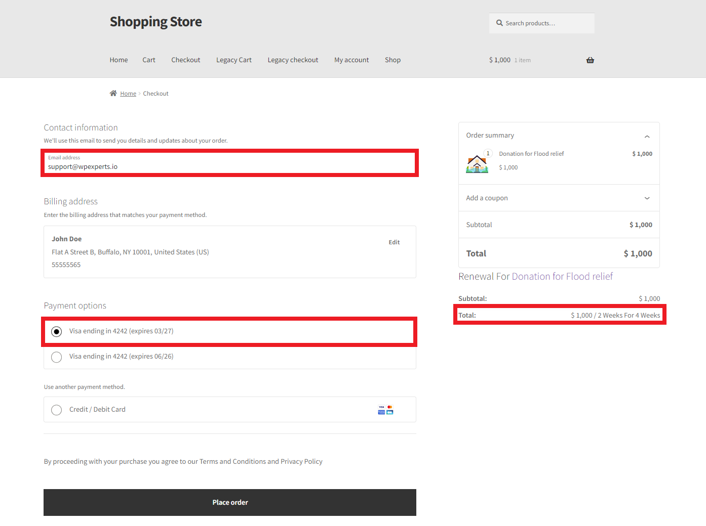 Donation Subscription Details on Checkout Page