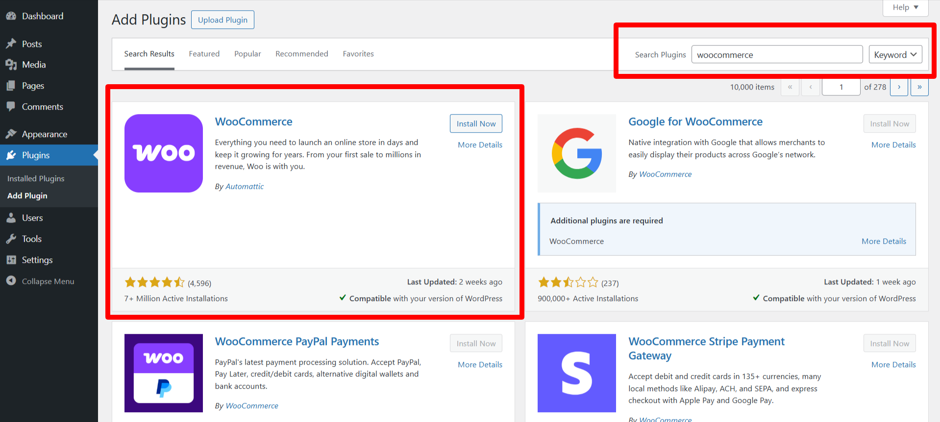 Enter WooCommerce in the search box in the top right