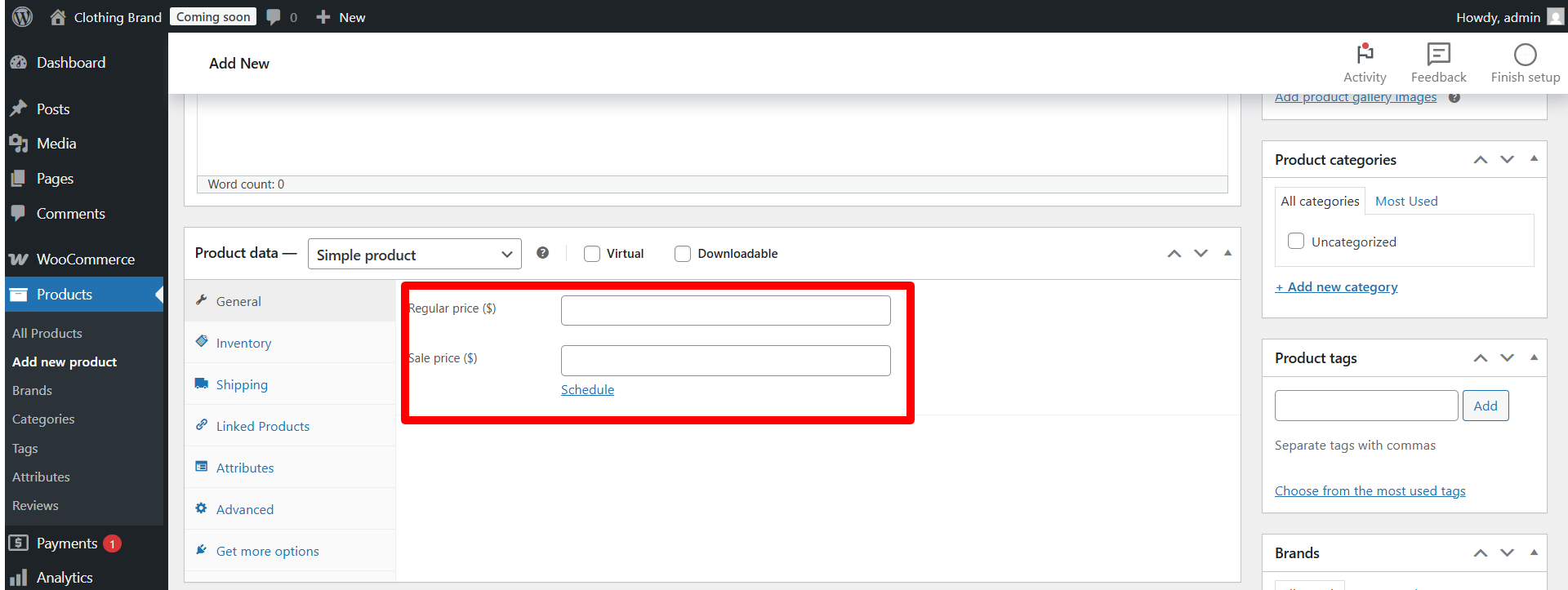 Insert product price in the Product Data area