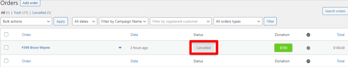 Order with Status Canceled