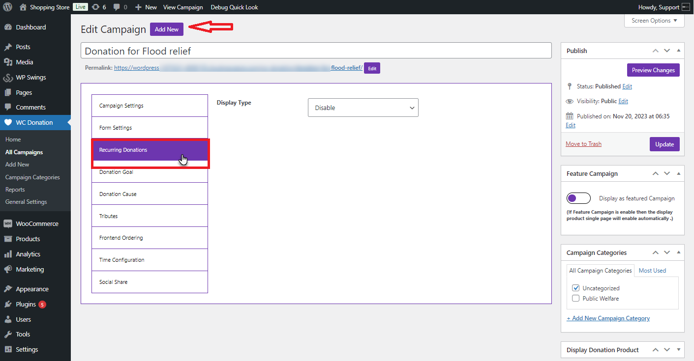 Recurring Donations tab