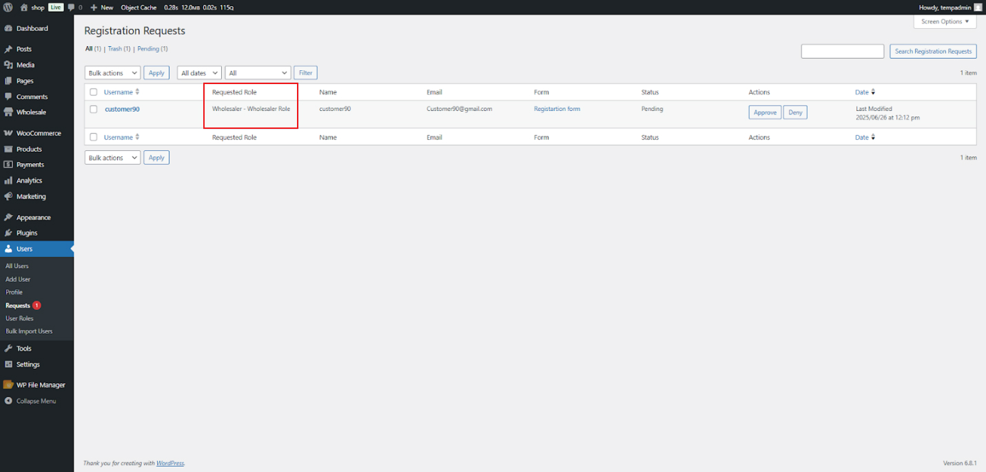 Registration Requests page - WPExperts Registration Requests page