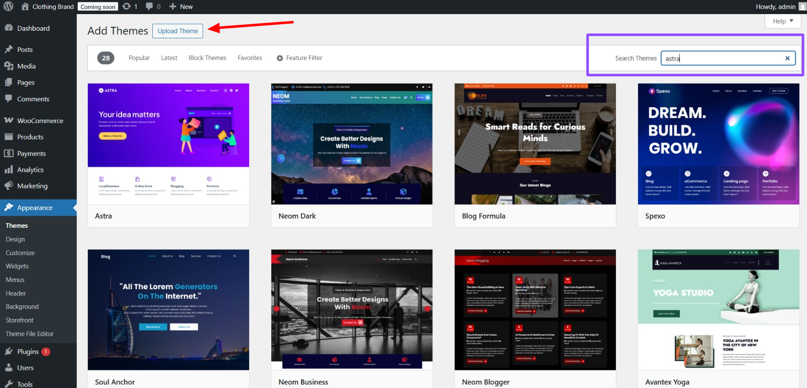Search for your theme or upload your chosen, already downloaded theme zip file
