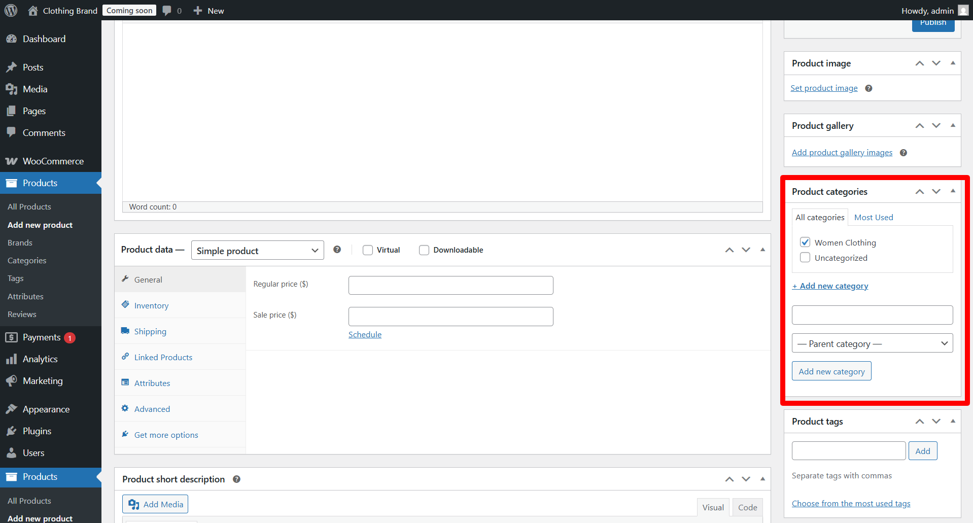 Select the category of your product or create one if it does not exist already
