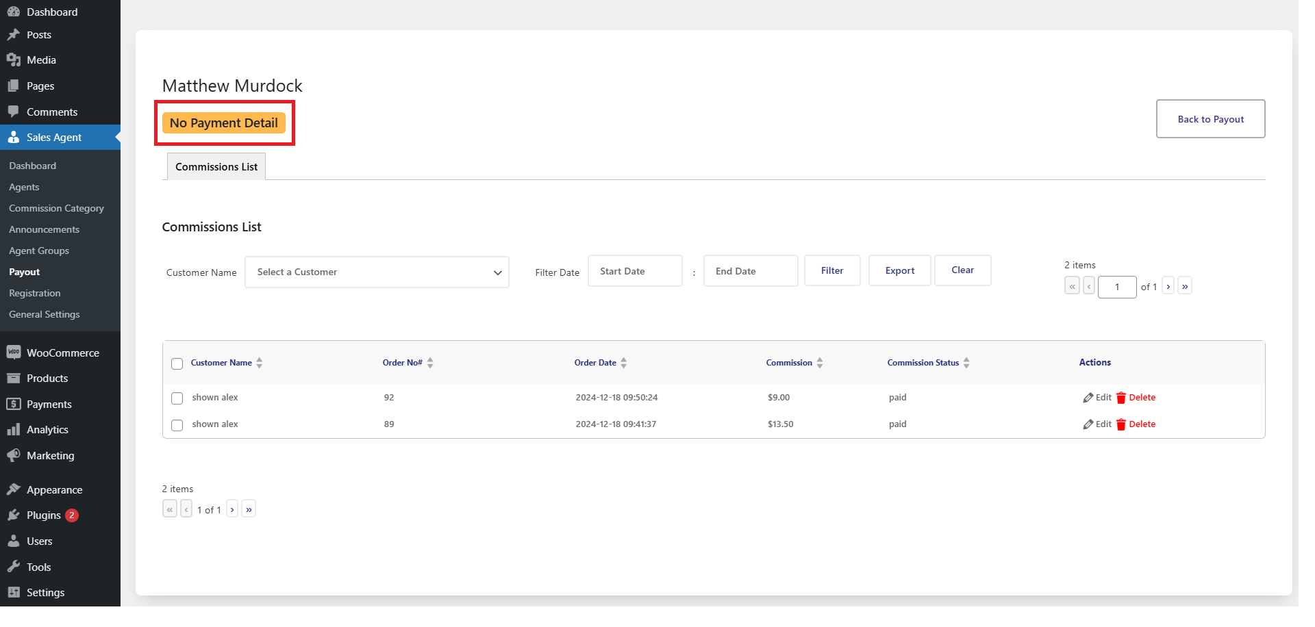 We can see that no payment details were added