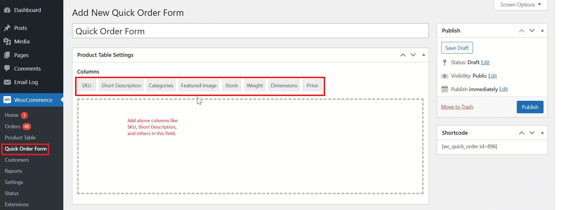 Add Columns in Field Under Product Table Settings