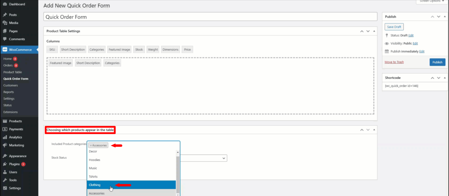 Choosing different fields under the Choosing Which Products Appear in Table