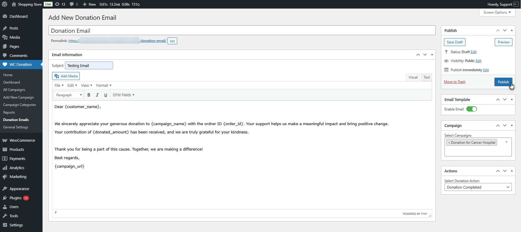 Donation Emails feature