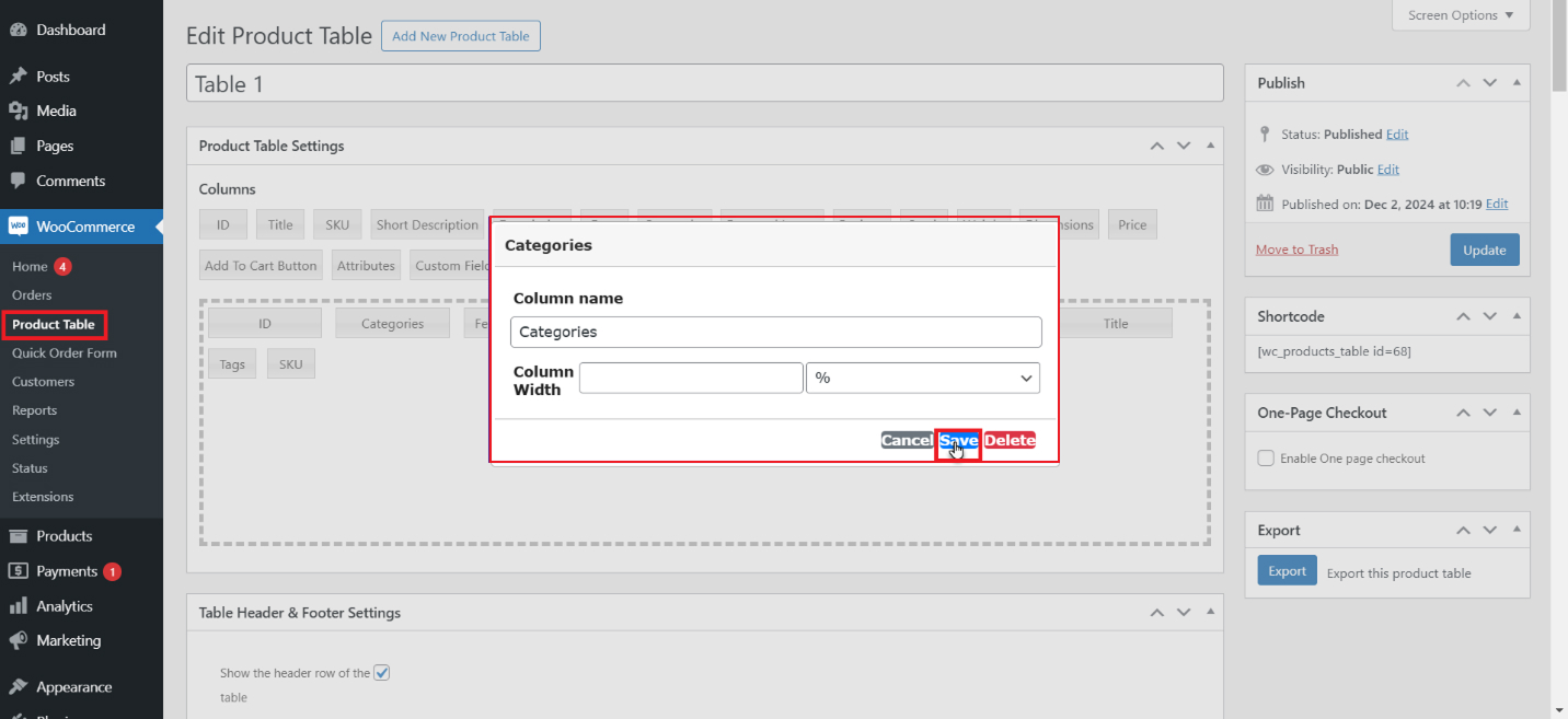 Product Category Coulmn