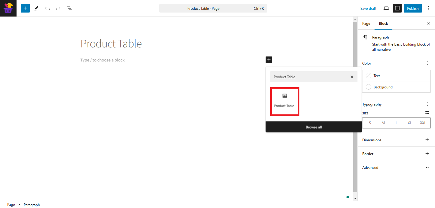 Product Table Block