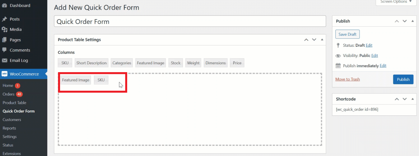 Product Table Column