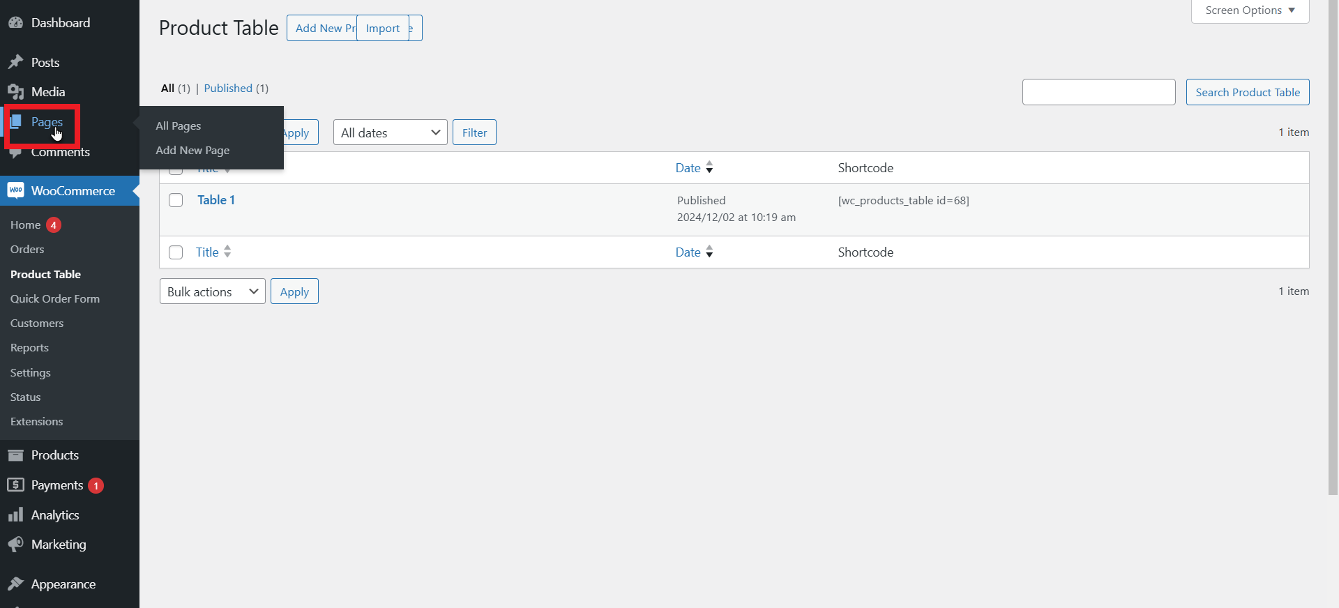 Product Table Display