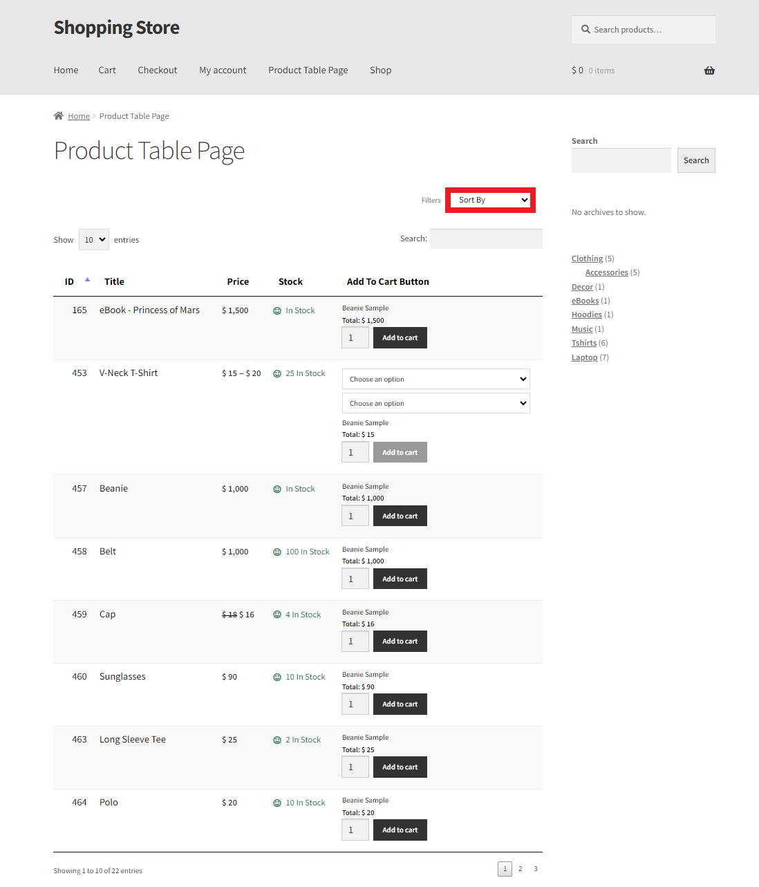 Product Table Page Frontend
