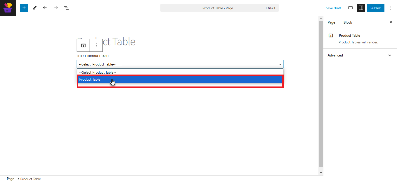 Product Table Tab