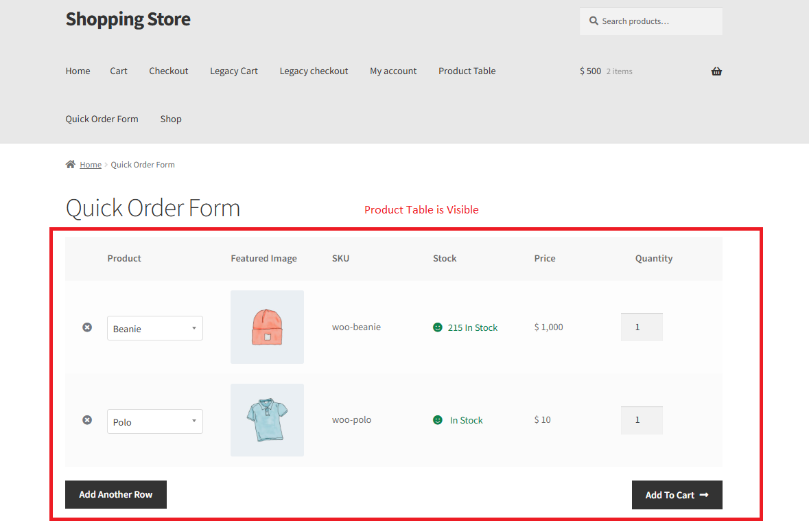 Product Table is Visible