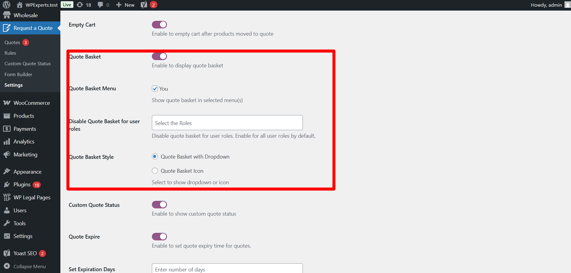 Quote Basket section