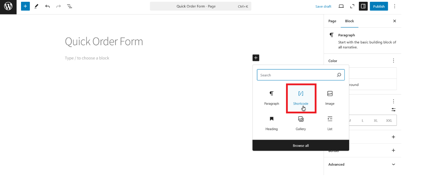 Shortcode in Quick Order Form