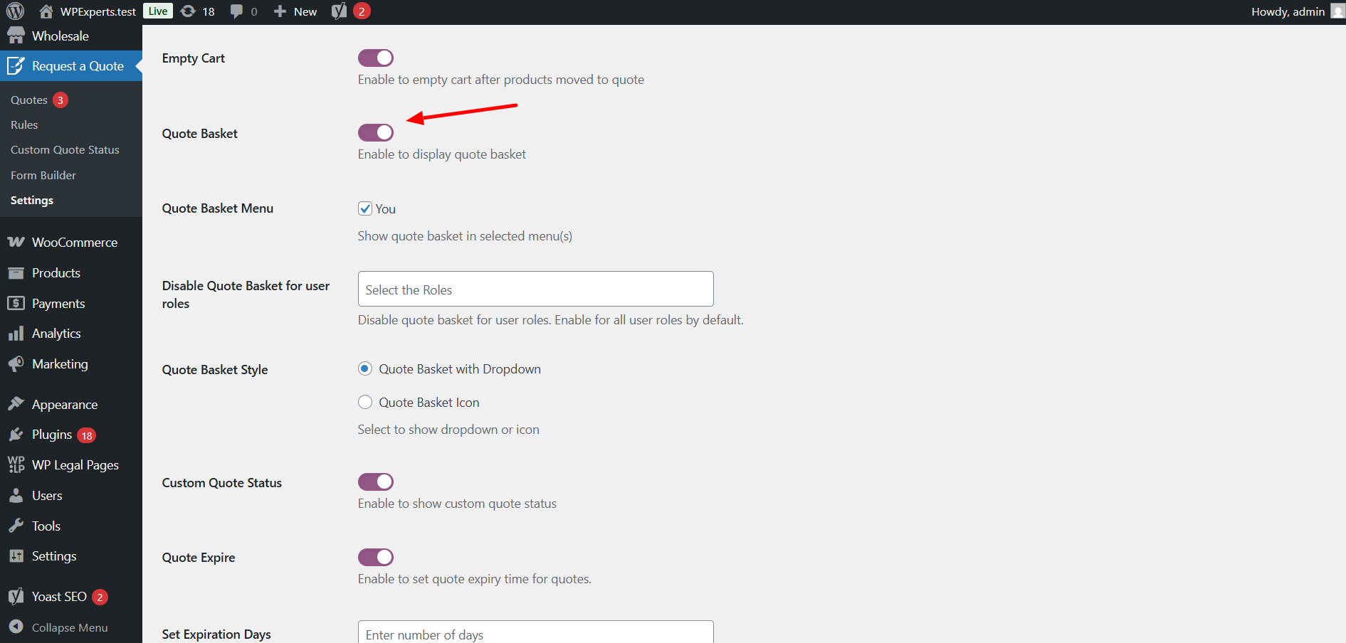 Use the toggle button to enable or disable the quote basket