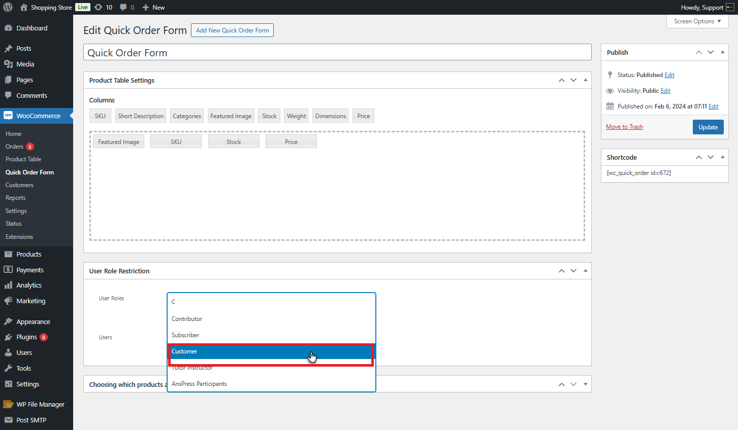 User Roles dropdown list