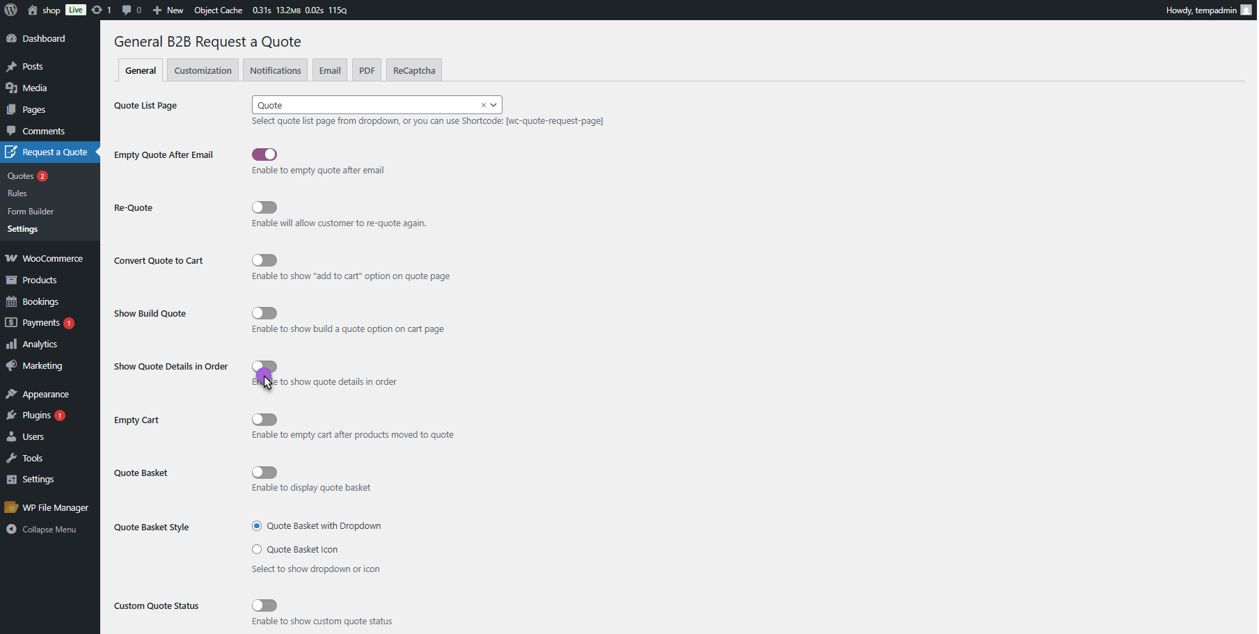 quote request form settings