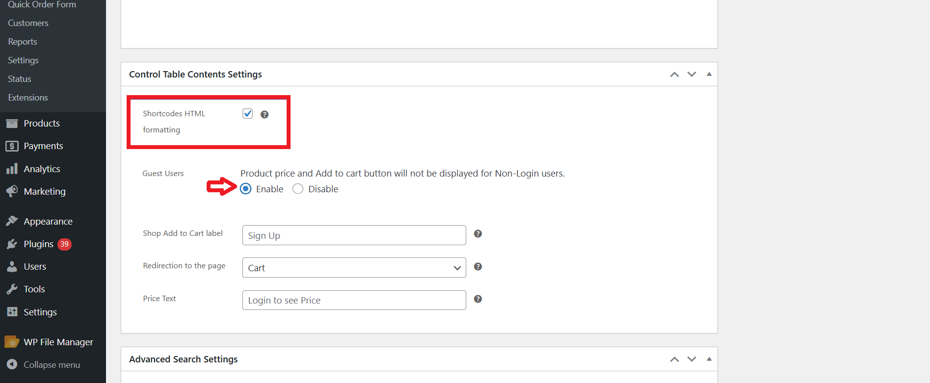 Content Table Content Settings