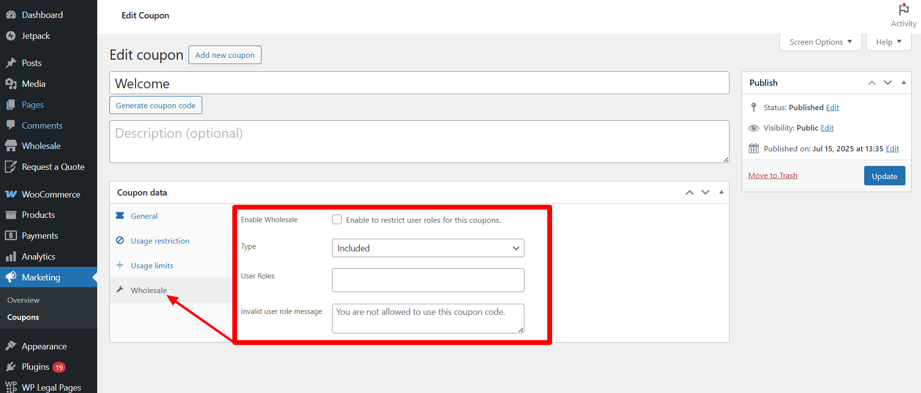 Wholesale Coupon Settings