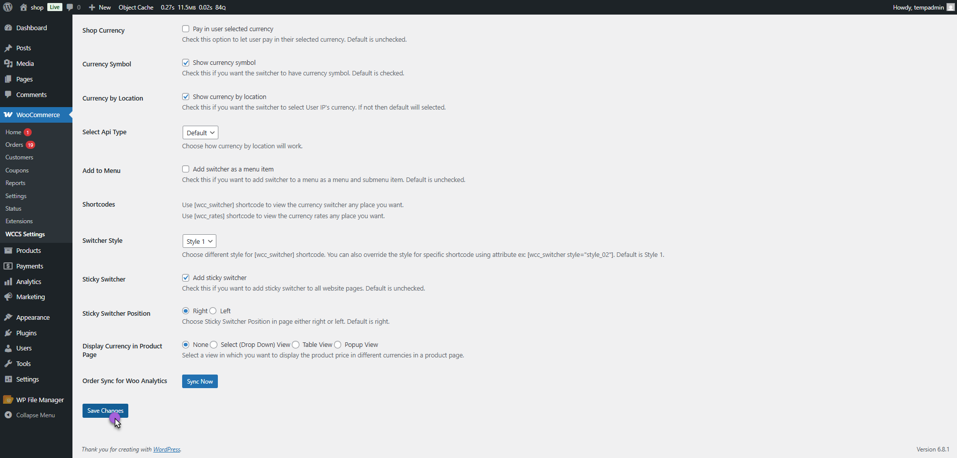 Clicking on Save Changes button