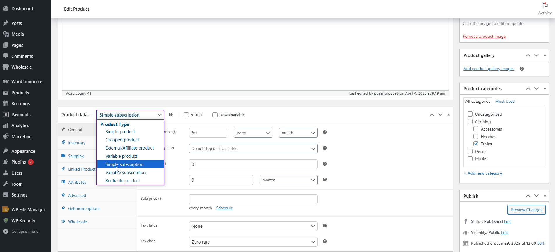 Product Data dropdown
