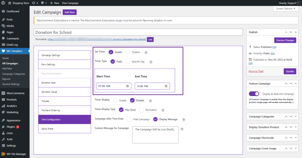 Turn on the timer for the campaign