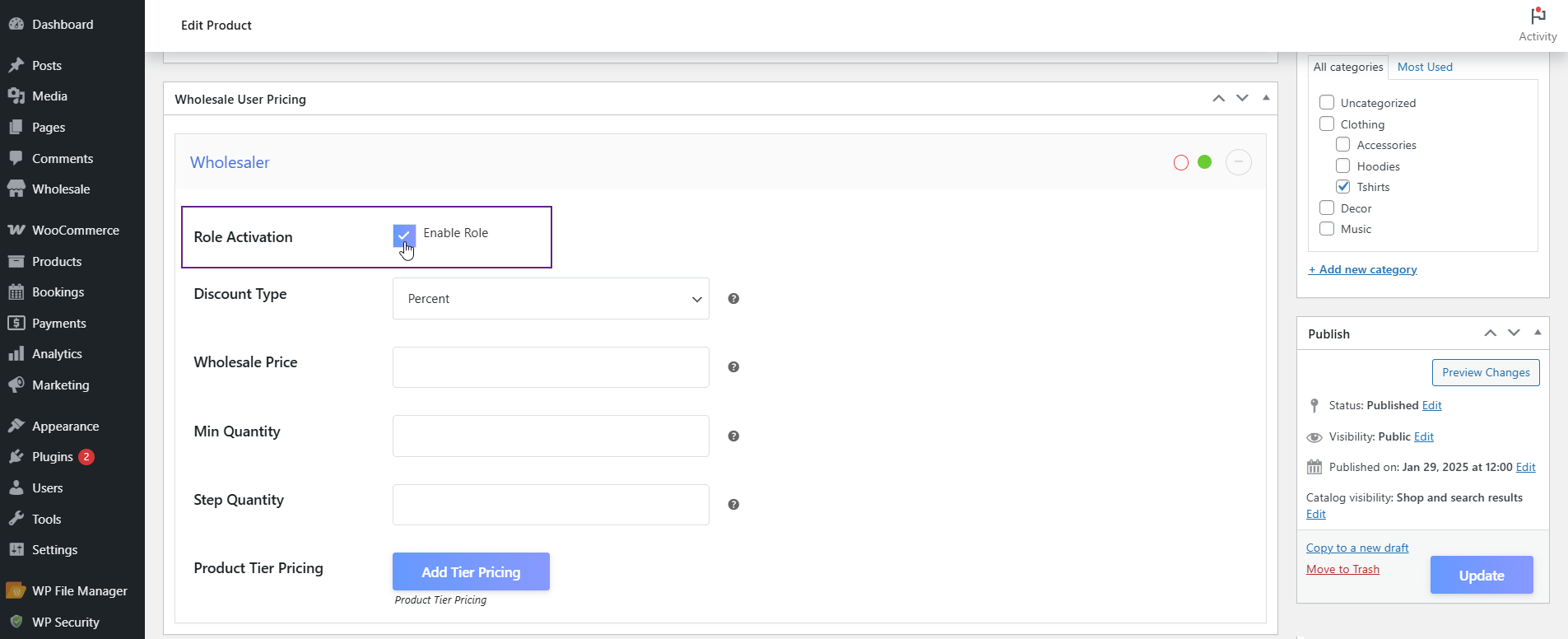 Wholesale User Pricing tab