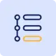 Vertical progress timeline: left column with four connected circles and a right column of four rounded blue, light blue, purple, and orange badges.