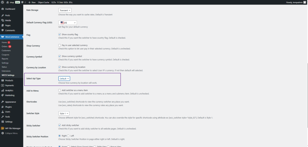 WooCommerce settings page showing a highlighted 'Select Api Type' dropdown set to Default.