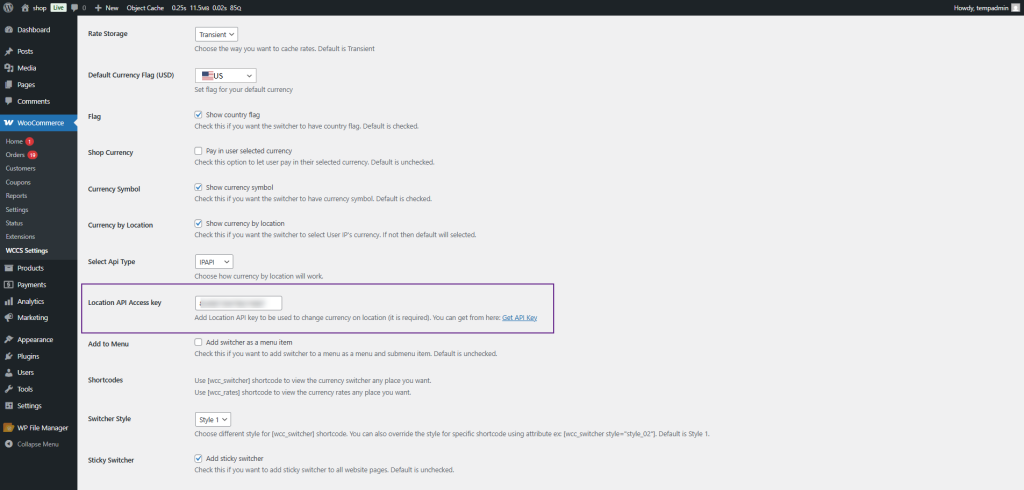 WordPress admin WooCommerce WCCS settings page with Location API Access key field highlighted in purple box