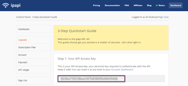 Dashboard page for ipapi with left navigation and a highlighted '3-Step Quickstart Guide' panel; shows a welcome message and an API access key field with a blurred key visible.