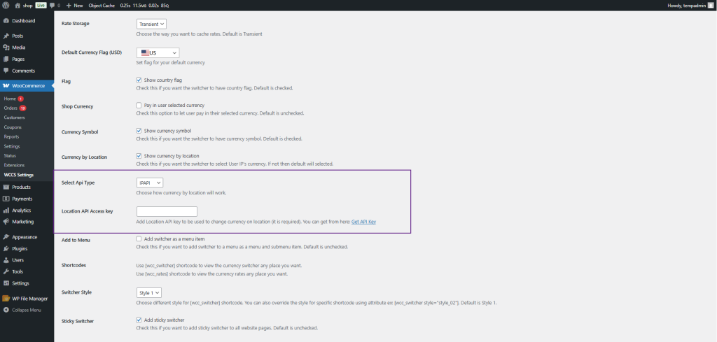 WooCommerce WCCS settings: API Type IP API and Location API Access key field highlighted in purple box.